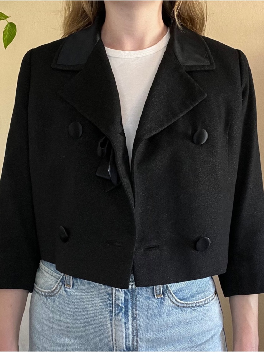 Vintage Cropped Double Breasted Blazer with Satin Collar and 3/4 Sleeves